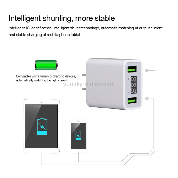 CYKE HKL-USB39 11W 5V / 2.2A Dual USB Travel Charger with Smart Digital Display, US Plug (White) CYKE HKL-USB39 11W 5V / 2.2A Dual USB Travel Charger with Smart Digital Display, US Plug (White)