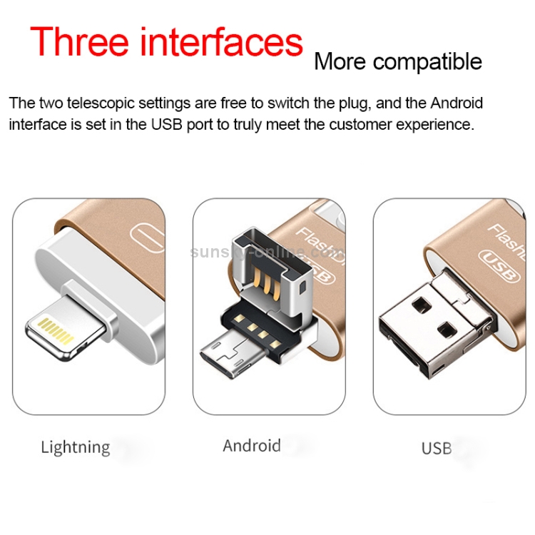 32GB USB 2.0 + 8 Pin + Mirco USB Android iPhone Computer Dual-use Metal Flash Drive (Gold) 32GB USB 2.0 + 8 Pin + Mirco USB Android iPhone Computer Dual-use Metal Flash Drive (Gold)