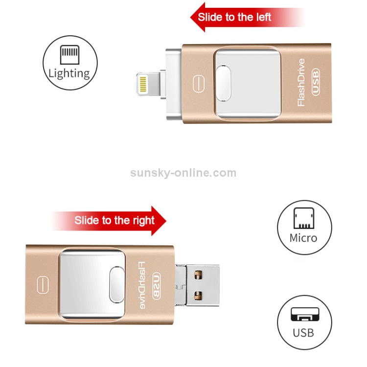 32 GB USB 3.0 + 8 pin + Mirco USB Android iPhone Computer Dual-use Metal Flash  Drive (oro)