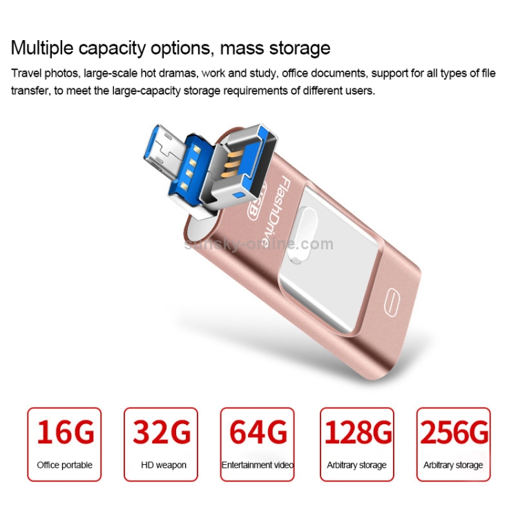 128GB USB 3.0 + 8 Pin + Mirco USB Android iPhone Computer Dual-use Metal Flash Drive (Rose Gold) 128GB USB 3.0 + 8 Pin + Mirco USB Android iPhone Computer Dual-use Metal Flash Drive (Rose Gold)