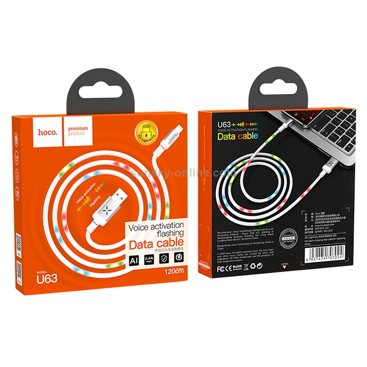 hoco U63 8 Pin to USB Voice Activation Flashing Charging Data Cable, Length: 1.2m(White) hoco U63 8 Pin to USB Voice Activation Flashing Charging Data Cable, Length: 1.2m(White)