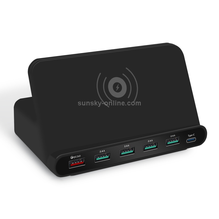 828W 7 in 1 60W QC 3.0 USB Interface + 4 USB Ports + USB-C / Type-C Interface + Wireless Charging Multi-function Charger with Mobile Phone Holder Function, AU Plug(Black) 828W 7 in 1 60W QC 3.0 USB Interface + 4 USB Ports + USB-C / Type-C Interface + Wireless Charging Multi-function Charger with Mobile Phone Holder Function, AU Plug(Black)