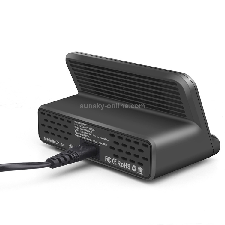 828W 7 in 1 60W QC 3.0 USB Interface + 4 USB Ports + USB-C / Type-C Interface + Wireless Charging Multi-function Charger with Mobile Phone Holder Function, AU Plug(Black) 828W 7 in 1 60W QC 3.0 USB Interface + 4 USB Ports + USB-C / Type-C Interface + Wireless Charging Multi-function Charger with Mobile Phone Holder Function, AU Plug(Black)