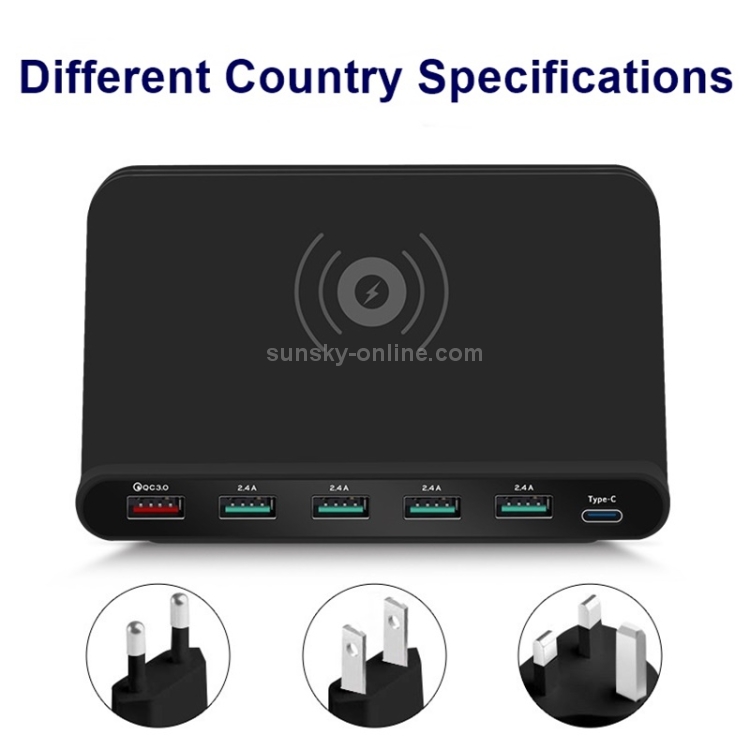 828W 7 in 1 60W QC 3.0 USB Interface + 4 USB Ports + USB-C / Type-C Interface + Wireless Charging Multi-function Charger with Mobile Phone Holder Function, AU Plug(Black) 828W 7 in 1 60W QC 3.0 USB Interface + 4 USB Ports + USB-C / Type-C Interface + Wireless Charging Multi-function Charger with Mobile Phone Holder Function, AU Plug(Black)