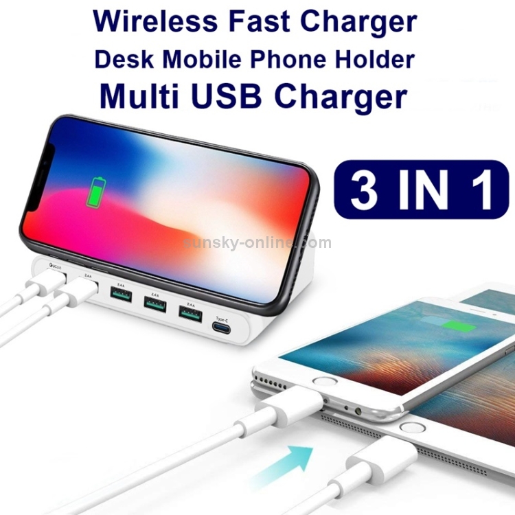 828W 7 in 1 60W QC 3.0 USB Interface + 4 USB Ports + USB-C / Type-C Interface + Wireless Charging Multi-function Charger with Mobile Phone Holder Function, AU Plug(Black) 828W 7 in 1 60W QC 3.0 USB Interface + 4 USB Ports + USB-C / Type-C Interface + Wireless Charging Multi-function Charger with Mobile Phone Holder Function, AU Plug(Black)