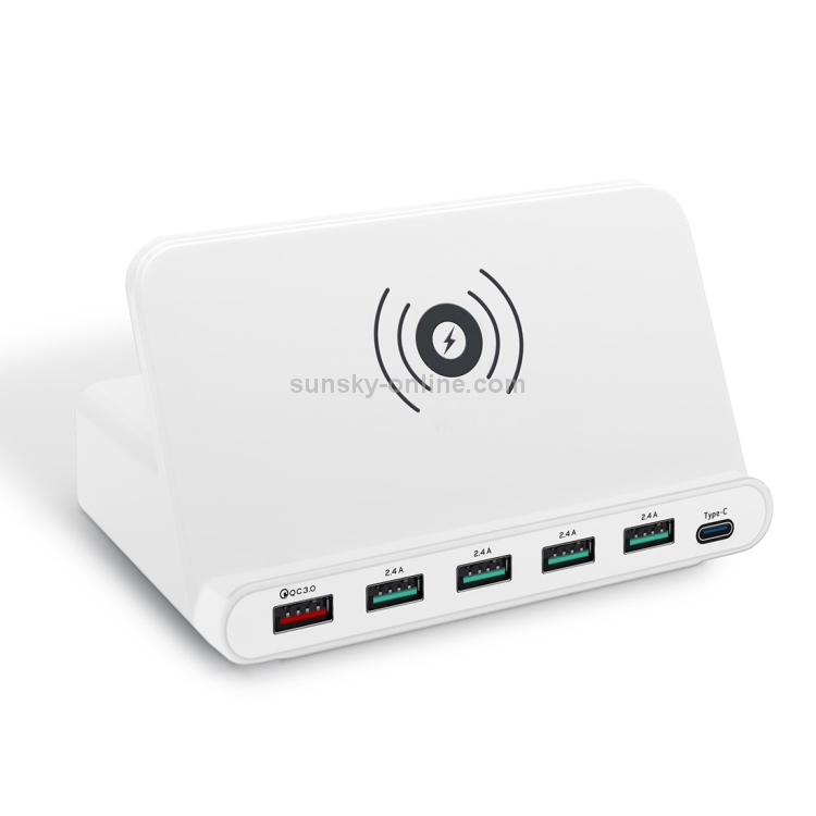 828W 7 in 1 60W QC 3.0 USB Interface + 4 USB Ports + USB-C / Type-C Interface + Wireless Charging Multi-function Charger with Mobile Phone Holder Function, UK Plug(White) 828W 7 in 1 60W QC 3.0 USB Interface + 4 USB Ports + USB-C / Type-C Interface + Wireless Charging Multi-function Charger with Mobile Phone Holder Function, UK Plug(White)