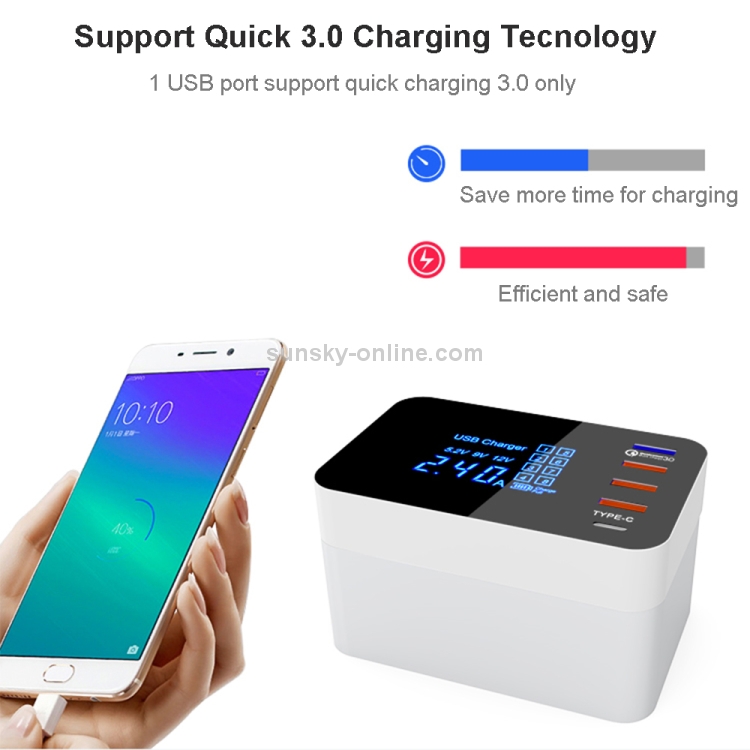 CDA33Q 40W QC 3.0 USB + 3 USB Ports + USB-C / Type-C Ports Multi-function Charger with LED Display, AU Plug CDA33Q 40W QC 3.0 USB + 3 USB Ports + USB-C / Type-C Ports Multi-function Charger with LED Display, AU Plug