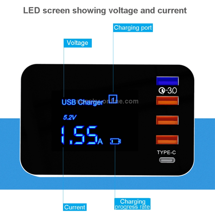 CDA33Q 40W QC 3.0 USB + 3 USB Ports + USB-C / Type-C Ports Multi-function Charger with LED Display, AU Plug CDA33Q 40W QC 3.0 USB + 3 USB Ports + USB-C / Type-C Ports Multi-function Charger with LED Display, AU Plug