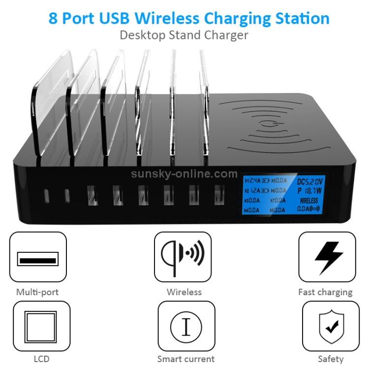 50W 6 USB Ports + 2 USB-C / Type-C Ports + Wireless Charging Multi-function Charger with LED Display & Detachable Bezel, AU Plug 50W 6 USB Ports + 2 USB-C / Type-C Ports + Wireless Charging Multi-function Charger with LED Display & Detachable Bezel, AU Plug