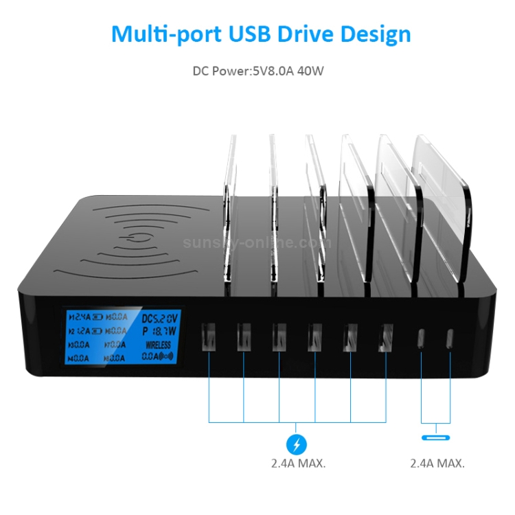 50W 6 USB Ports + 2 USB-C / Type-C Ports + Wireless Charging Multi-function Charger with LED Display & Detachable Bezel, AU Plug 50W 6 USB Ports + 2 USB-C / Type-C Ports + Wireless Charging Multi-function Charger with LED Display & Detachable Bezel, AU Plug