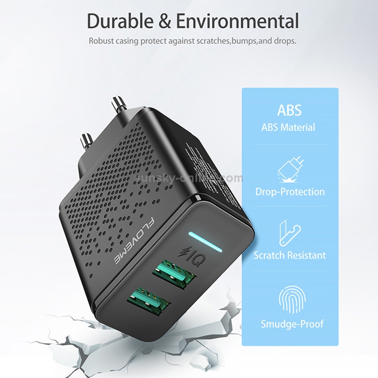 FLOVEME  5V 2.4A Dual USB Travel Wall Charger Power Plug Adapter, EU Plug(Black) - 6