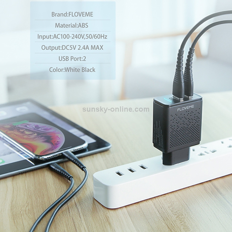 FLOVEME  5V 2.4A Dual USB Travel Wall Charger Power Plug Adapter, EU Plug(Black) - 7