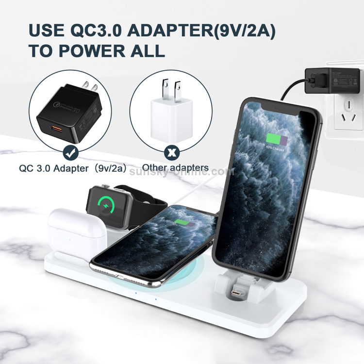 Q720 6 in 1 15W 8 Pin + USB-C / Type-C + USB + 8 Pin Earphone Charging Interface + QI Wireless Charging Multifunctional Wireless Charger with Mobile Phone / Watch Stand Function(White) Q720 6 in 1 15W 8 Pin + USB-C / Type-C + USB + 8 Pin Earphone Charging Interface + QI Wireless Charging Multifunctional Wireless Charger with Mobile Phone / Watch Stand Function(White)