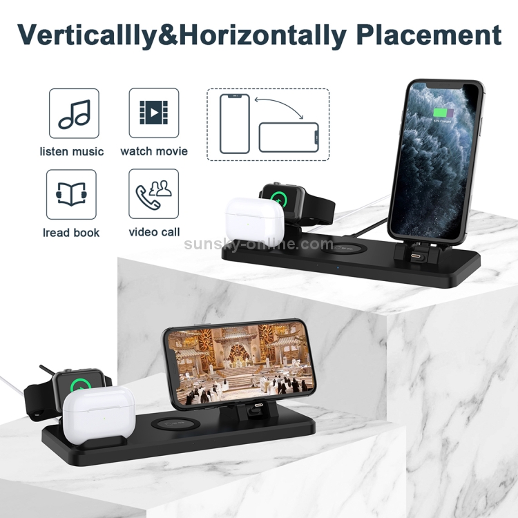Q720 6 in 1 15W 8 Pin + USB-C / Type-C + USB + 8 Pin Earphone Charging Interface + QI Wireless Charging Multifunctional Wireless Charger with Mobile Phone / Watch Stand Function(White) Q720 6 in 1 15W 8 Pin + USB-C / Type-C + USB + 8 Pin Earphone Charging Interface + QI Wireless Charging Multifunctional Wireless Charger with Mobile Phone / Watch Stand Function(White)