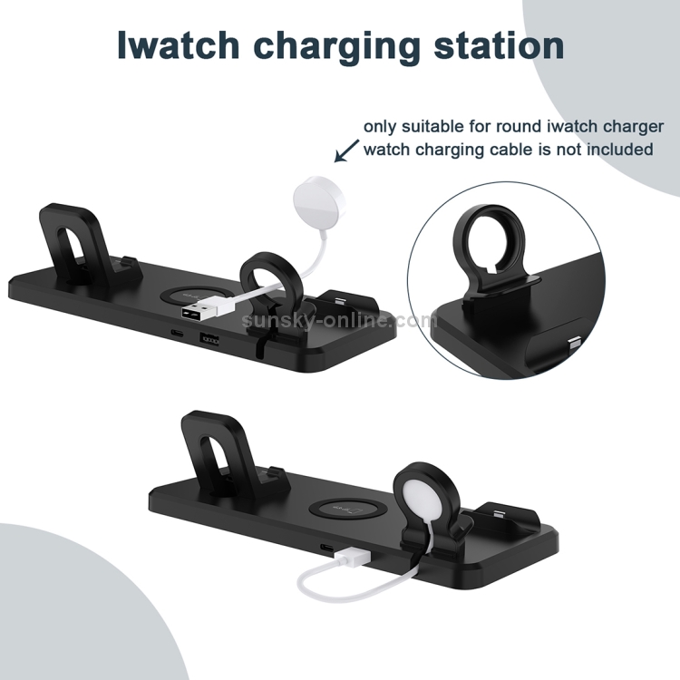 Q720 6 in 1 15W 8 Pin + USB-C / Type-C + USB + 8 Pin Earphone Charging Interface + QI Wireless Charging Multifunctional Wireless Charger with Mobile Phone / Watch Stand Function(White) Q720 6 in 1 15W 8 Pin + USB-C / Type-C + USB + 8 Pin Earphone Charging Interface + QI Wireless Charging Multifunctional Wireless Charger with Mobile Phone / Watch Stand Function(White)