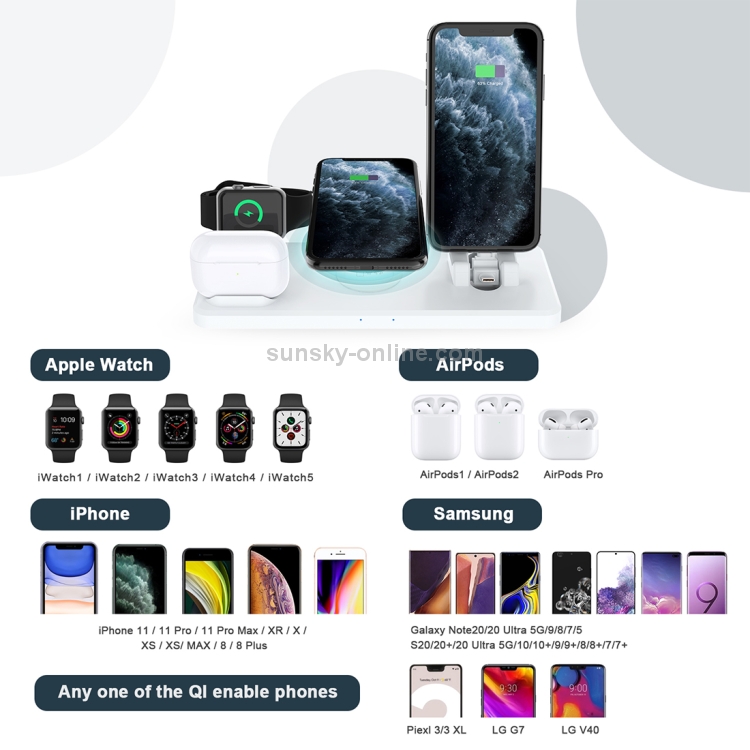 Q720 6 in 1 15W 8 Pin + USB-C / Type-C + USB + 8 Pin Earphone Charging Interface + QI Wireless Charging Multifunctional Wireless Charger with Mobile Phone / Watch Stand Function(White) Q720 6 in 1 15W 8 Pin + USB-C / Type-C + USB + 8 Pin Earphone Charging Interface + QI Wireless Charging Multifunctional Wireless Charger with Mobile Phone / Watch Stand Function(White)