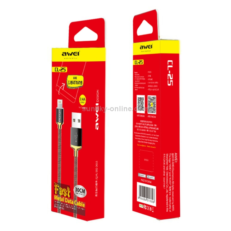 awei CL-25 0.3m 2.4A USB to 8 Pin Metal Fast Charging Cable for iPhone, iPad(Grey)