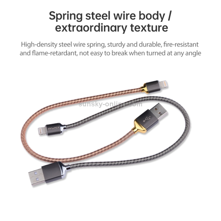 awei CL-25 0.3m 2.4A USB to 8 Pin Metal Fast Charging Cable for iPhone, iPad(Grey)