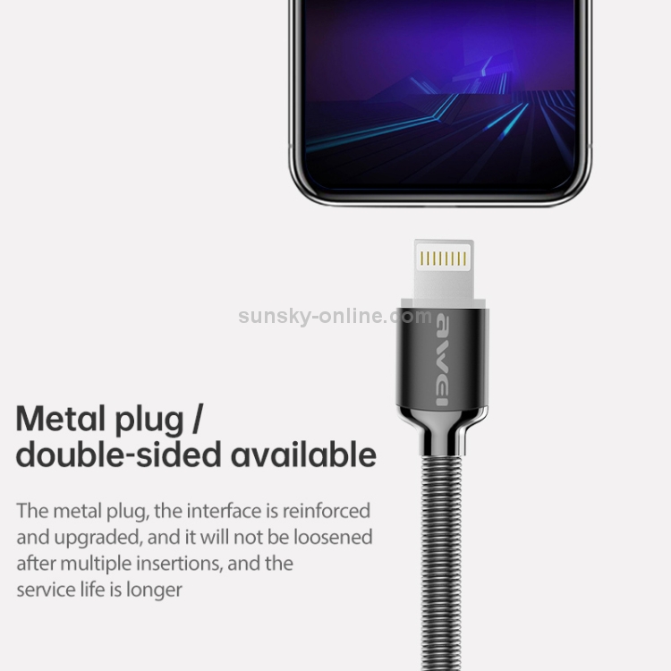 awei CL-25 0.3m 2.4A USB to 8 Pin Metal Fast Charging Cable for iPhone, iPad(Grey)