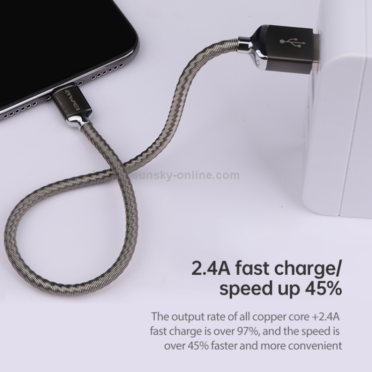 awei CL-25 0.3m 2.4A USB to 8 Pin Metal Fast Charging Cable for iPhone, iPad(Grey)