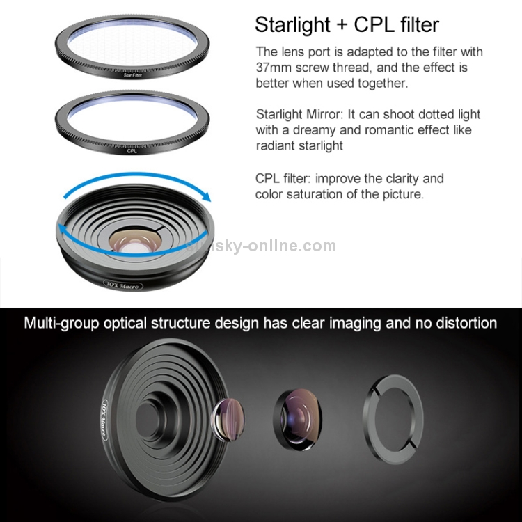 APEXEL APL-HB10X Macro Lens Telephoto Clip + Star Light Filter + CPL Phone Lens Kit APEXEL APL-HB10X Macro Lens Telephoto Clip + Star Light Filter + CPL Phone Lens Kit