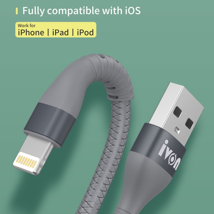 IVON CA92 2.4A Max USB to 8 Pin Rubber Fast Charging Data Cable, Length: 1.5m (Black) IVON CA92 2.4A Max USB to 8 Pin Rubber Fast Charging Data Cable, Length: 1.5m (Black)