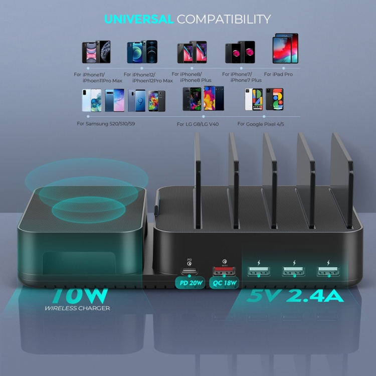 PW020 72W Wireless Charger + PD USB-C / Type-C + QC 3.0 USB + 3 USB Ports Smart Charger with Detachable Bracket, US Plug PW020 72W Wireless Charger + PD USB-C / Type-C + QC 3.0 USB + 3 USB Ports Smart Charger with Detachable Bracket, US Plug