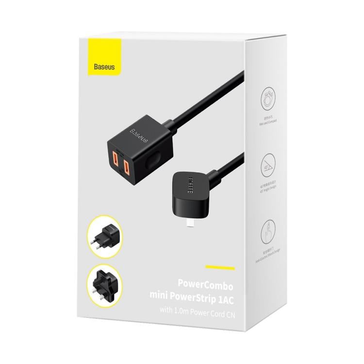 Baseus Mini Power Strip 1AC CN Plug Power Cord with EU Plug and EU Plug, Length: 1.0m(Black) Baseus Mini Power Strip 1AC CN Plug Power Cord with EU Plug and EU Plug, Length: 1.0m(Black)