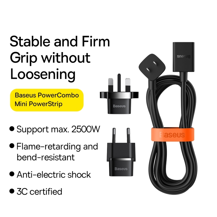 Baseus Mini Power Strip 1AC CN Plug Power Cord with EU Plug and EU Plug, Length: 1.0m(Black) Baseus Mini Power Strip 1AC CN Plug Power Cord with EU Plug and EU Plug, Length: 1.0m(Black)