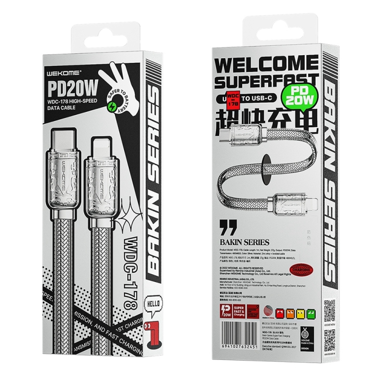 WK WDC-178 PD 20W USB-C/Type-C to 8 Pin Platinum Fast Charge Data Cable, Length 1m(Silver) WK WDC-178 PD 20W USB-C/Type-C to 8 Pin Platinum Fast Charge Data Cable, Length 1m(Silver)