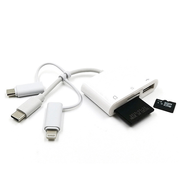 3 in 1 8-Pin And Micro USB And Type-C to TF & SD Card Reader USB OTG Extender Adapter (White) 3 in 1 8-Pin And Micro USB And Type-C to TF & SD Card Reader USB OTG Extender Adapter (White)
