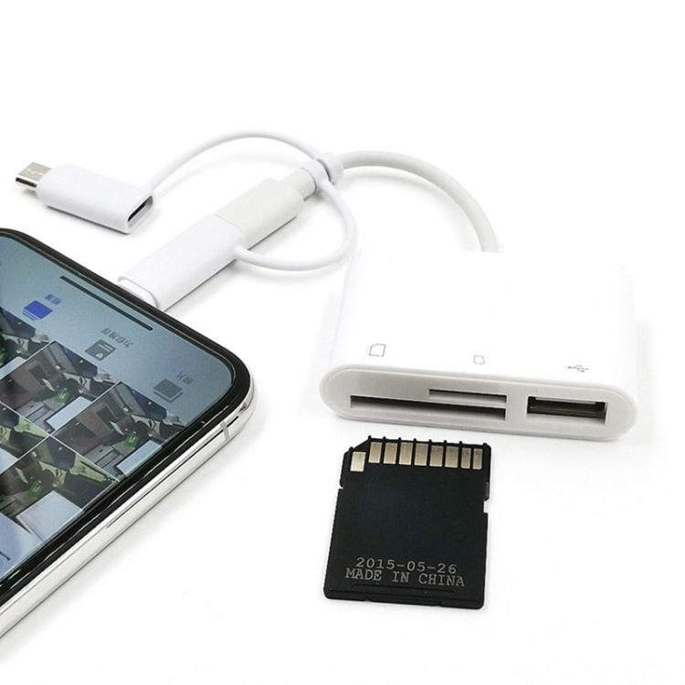 3 in 1 8-Pin And Micro USB And Type-C to TF & SD Card Reader USB OTG Extender Adapter (White) 3 in 1 8-Pin And Micro USB And Type-C to TF & SD Card Reader USB OTG Extender Adapter (White)