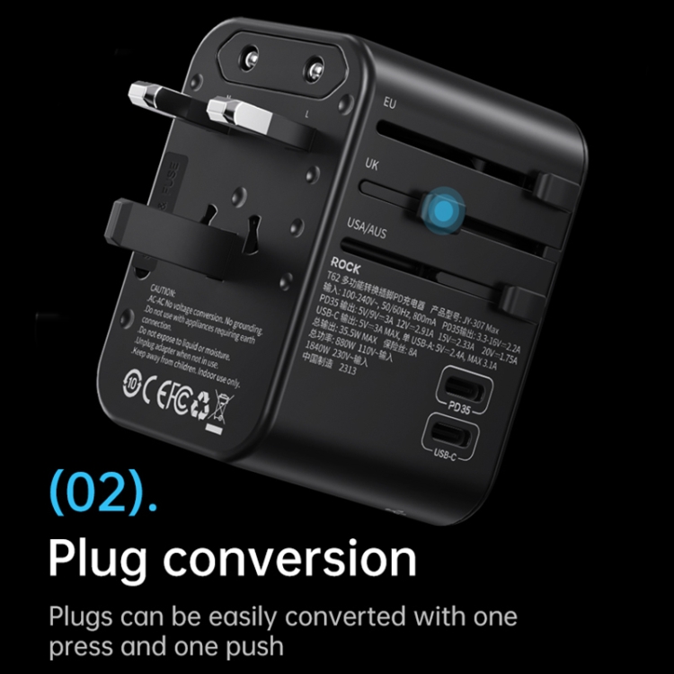 ROCK T62 35.5W Global Travel Multifunctional Plug PD Charger Power Adapter(Black) - B10