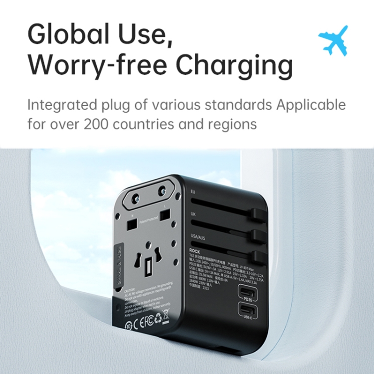 ROCK T62 35.5W Global Travel Multifunctional Plug PD Charger Power Adapter(Black) - B2