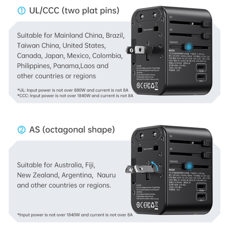 ROCK T62 35.5W Global Travel Multifunctional Plug PD Charger Power Adapter(Black) - B3