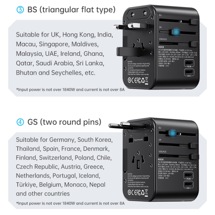 ROCK T62 35.5W Global Travel Multifunctional Plug PD Charger Power Adapter(Black) - B4