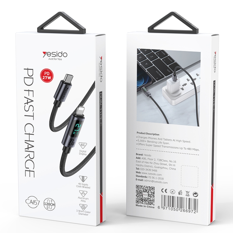 Yesido CA157 PD27W USB-C / Type-C to 8 Pin Digital Display Charging Data Cable, Cable Length: 1.2m (Black) Yesido CA157 PD27W USB-C / Type-C to 8 Pin Digital Display Charging Data Cable, Cable Length: 1.2m (Black)
