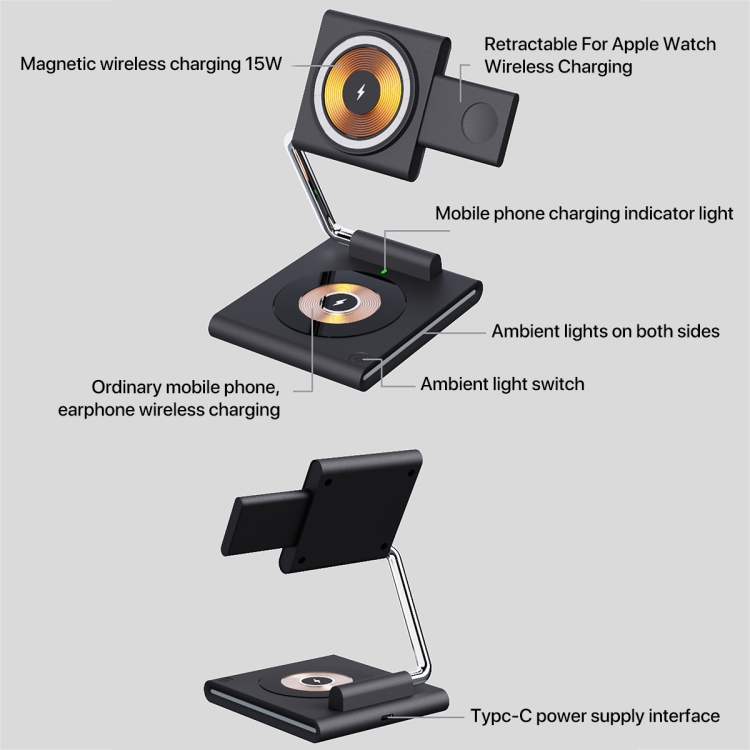 KTM8 15W 3 in 1 Portable Folding Magnetic Wireless Charger (Black)