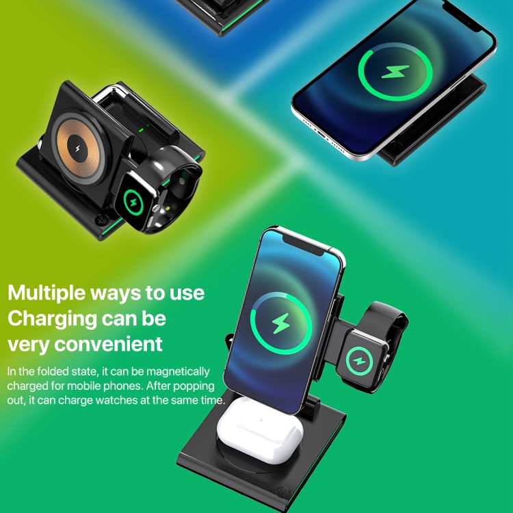 KTM8 15W 3 in 1 Portable Folding Magnetic Wireless Charger (Black)