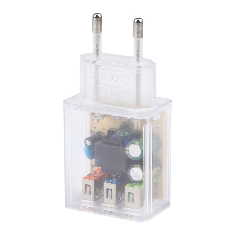 64-222 2A Three USB Transparent Charger, specification: EU Plug 64-222 2A Three USB Transparent Charger, specification: EU Plug