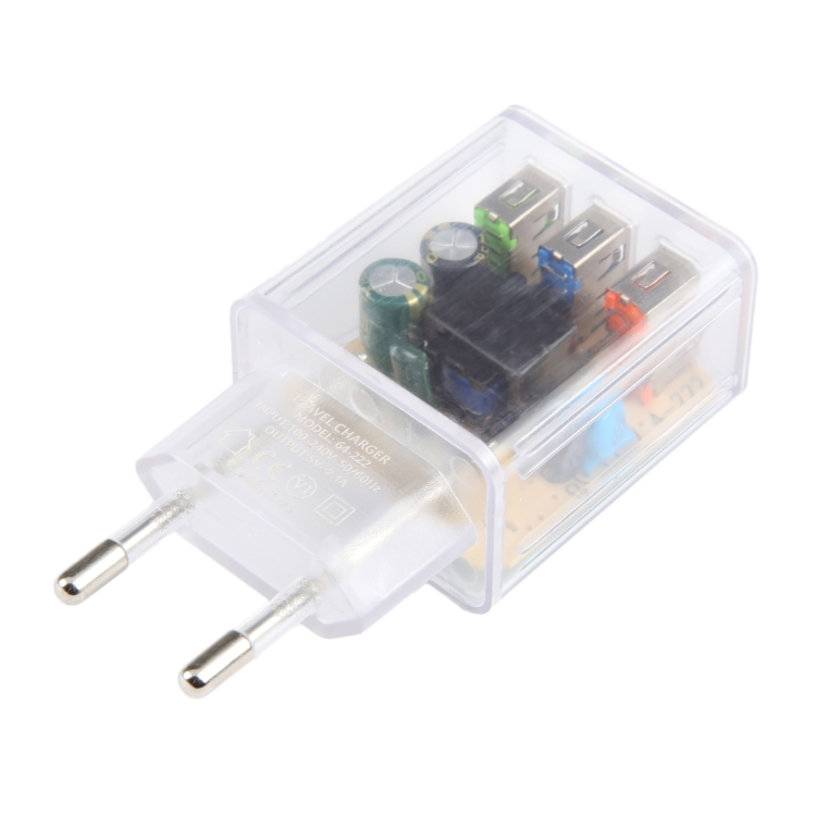 64-222 2A Three USB Transparent Charger, specification: EU Plug 64-222 2A Three USB Transparent Charger, specification: EU Plug