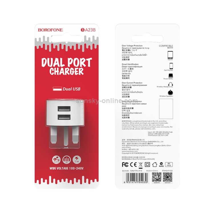BOROFONE BA23B 2.1A Brilliant Dual Port Charger Power Adapter, UK Plug BOROFONE BA23B 2.1A Brilliant Dual Port Charger Power Adapter, UK Plug