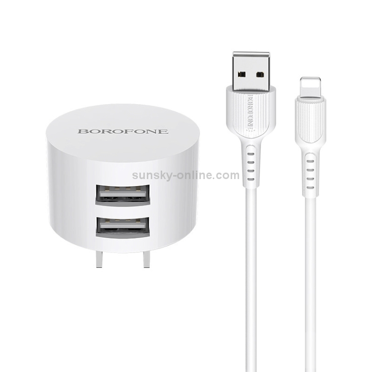 BOROFONE BA23 2.1A Brilliant Dual Port Charger Power Adapter Set with 8 Pin Charging Cable, US Plug BOROFONE BA23 2.1A Brilliant Dual Port Charger Power Adapter Set with 8 Pin Charging Cable, US Plug