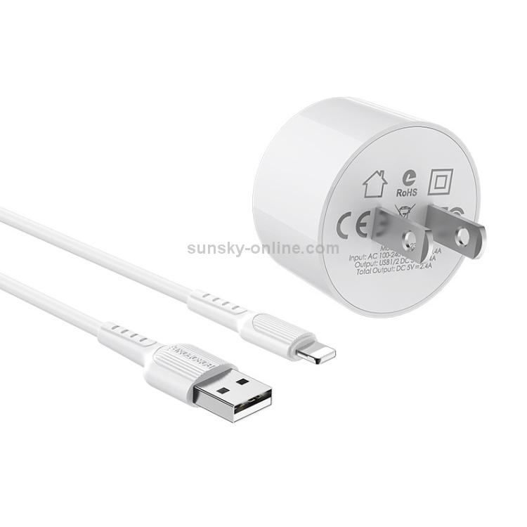BOROFONE BA23 2.1A Brilliant Dual Port Charger Power Adapter Set with 8 Pin Charging Cable, US Plug BOROFONE BA23 2.1A Brilliant Dual Port Charger Power Adapter Set with 8 Pin Charging Cable, US Plug