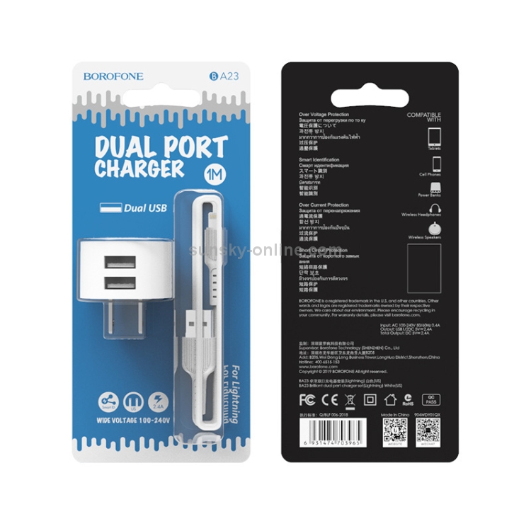 BOROFONE BA23 2.1A Brilliant Dual Port Charger Power Adapter Set with 8 Pin Charging Cable, US Plug BOROFONE BA23 2.1A Brilliant Dual Port Charger Power Adapter Set with 8 Pin Charging Cable, US Plug