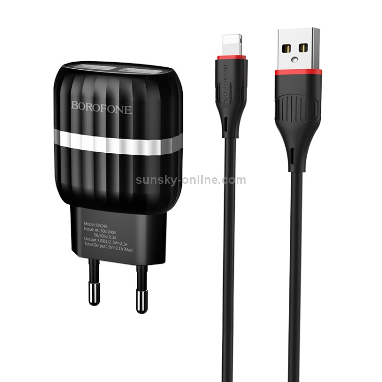 BOROFONE BA24A 2.1A Vigour Dual Port Charger Power Adapter Set with 8 Pin Charging Cable, EU Plug(Black) BOROFONE BA24A 2.1A Vigour Dual Port Charger Power Adapter Set with 8 Pin Charging Cable, EU Plug(Black)