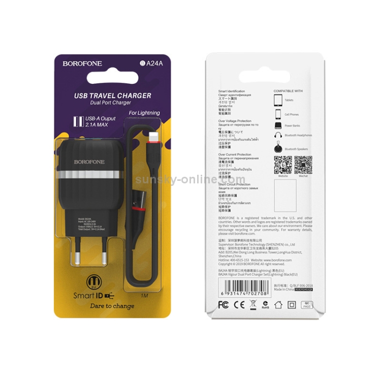 BOROFONE BA24A 2.1A Vigour Dual Port Charger Power Adapter Set with 8 Pin Charging Cable, EU Plug(Black) BOROFONE BA24A 2.1A Vigour Dual Port Charger Power Adapter Set with 8 Pin Charging Cable, EU Plug(Black)