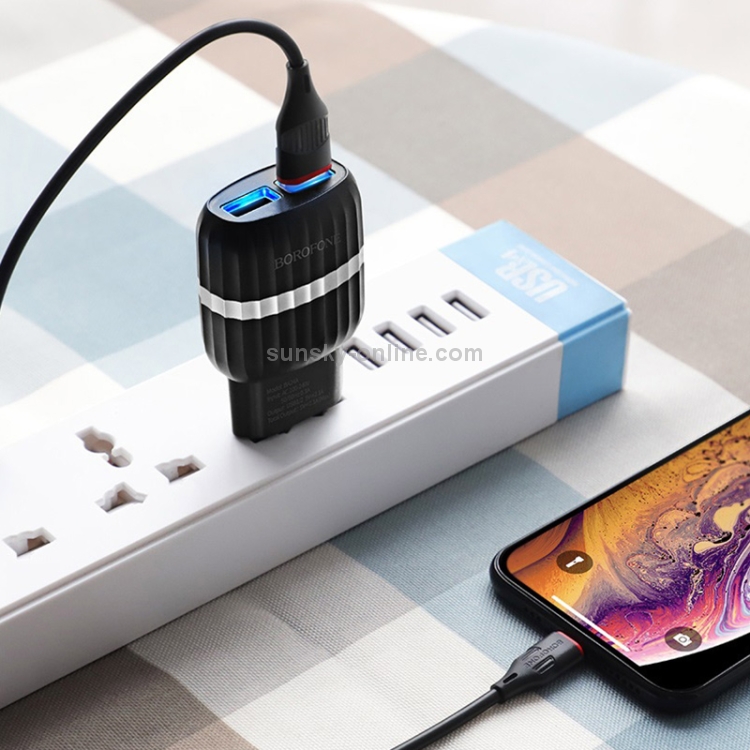 BOROFONE BA24A 2.1A Vigour Dual Port Charger Power Adapter Set with 8 Pin Charging Cable, EU Plug(Black) BOROFONE BA24A 2.1A Vigour Dual Port Charger Power Adapter Set with 8 Pin Charging Cable, EU Plug(Black)
