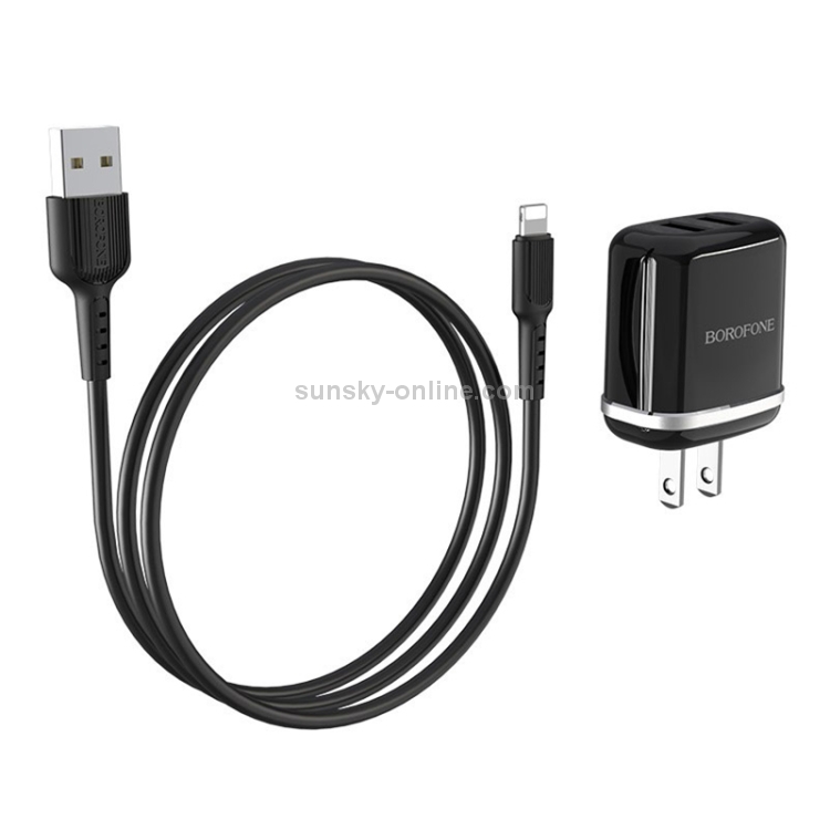 BOROFONE BA25 2.4A Outstanding Dual Port Charger Power Adapter Set with 8 Pin Charging Cable, US Plug(Black) BOROFONE BA25 2.4A Outstanding Dual Port Charger Power Adapter Set with 8 Pin Charging Cable, US Plug(Black)