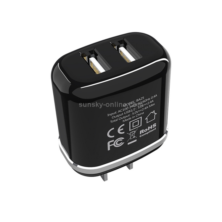 BOROFONE BA25 2.4A Outstanding Dual Port Charger Power Adapter Set with 8 Pin Charging Cable, US Plug(Black) BOROFONE BA25 2.4A Outstanding Dual Port Charger Power Adapter Set with 8 Pin Charging Cable, US Plug(Black)